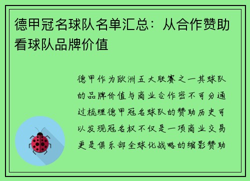 德甲冠名球队名单汇总：从合作赞助看球队品牌价值